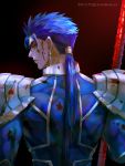  1boy armor back black_background blood blood_splatter blue_hair cu_chulainn_(fate)_(all) earrings fate_(series) from_behind gae_bolg jewelry kim_yura_(goddess_mechanic) long_hair looking_at_viewer looking_back ponytail red_eyes shoulder_armor simple_background solo spiky_hair twitter_username type-moon 