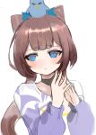  1girl :o animal animal_ears animal_on_head bangs bird blue_bow blue_eyes blush bow brown_hair commentary_request dokomon eyebrows_visible_through_hair hair_bow hands_up highres korean_commentary long_hair long_sleeves looking_away looking_to_the_side low_twintails on_head original parted_lips puffy_long_sleeves puffy_sleeves shirt simple_background sketch solo steepled_fingers twintails upper_body white_background white_shirt 