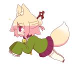  1girl animal_ear_fluff animal_ears bangs bell bell_collar blonde_hair blush brown_collar collar eyebrows_visible_through_hair fox_ears fox_girl fox_tail from_side full_body green_shirt hair_between_eyes hair_bun hair_ornament jingle_bell kemomimi-chan_(naga_u) long_sleeves looking_away naga_u orange_neckwear original pleated_skirt profile purple_skirt ribbon-trimmed_legwear ribbon_trim sailor_collar shirt simple_background skirt sleeves_past_fingers sleeves_past_wrists solo sparkle tail thigh-highs white_background white_legwear white_sailor_collar 