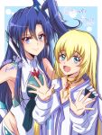  2girls :d aqua_eyes artist_name bare_shoulders blonde_hair blue_hair collet_brunel dated flat_chest hair_between_eyes hand_on_shoulder headphones highres jewelry kazanari_tsubasa kiraki long_hair long_sleeves looking_at_viewer mizuki_nana multiple_girls open_mouth pendant seiyuu_connection senki_zesshou_symphogear side_ponytail smile star_(symbol) tales_of_(series) tales_of_symphonia violet_eyes 