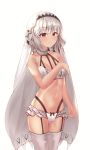  1girl altera_(fate) bare_arms bare_shoulders bikini bikini_skirt bnari breasts cowboy_shot crotch_seam fate/extella fate/extra fate_(series) garter_straps halter_top halterneck hand_on_own_chest highleg highleg_bikini highres looking_at_viewer navel red_eyes short_hair silver_hair simple_background small_breasts solo stomach swimsuit thigh-highs thighs veil white_background white_bikini white_legwear 