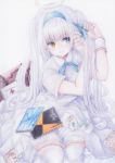  armband bag blush breasts colored_pencil_(medium) darkkanan dress graphite_(medium) hairband halo heterochromia highres kneeling large_breasts long_hair mail original shoes simple_background suitcase thigh-highs traditional_media twintails white_dress white_hair white_legwear 