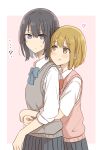  ...? 2girls ? absurdres betock black_hair blue_eyes blush brown_eyes brown_hair expressionless heart highres hug hug_from_behind multiple_girls original school_uniform short_hair smile sweater_vest yuri 