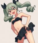  1girl :d anchovy_(girls_und_panzer) bikini black_bikini black_ribbon blush breasts commentary_request drill_hair frilled_bikini frills girls_und_panzer green_hair grey_background hair_ribbon hands_on_hips highres looking_at_viewer navel open_mouth red_eyes ribbon sayshownen simple_background small_breasts smile solo swimsuit thighs twin_drills 