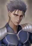  1boy armor blue_hair closed_mouth cu_chulainn_(fate)_(all) earrings fate/stay_night fate_(series) highres jewelry lancer lips looking_at_viewer ponytail red_eyes shoulder_armor signature solo spiky_hair type-moon yagitome87 