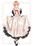  1girl adapted_costume alternate_costume apron black_dress black_footwear black_ribbon blonde_hair commentary dress enmaided frilled_apron frills full_body hair_flaps hair_ornament hair_ribbon hairclip highres kantai_collection kozu_(bloomme1_me) long_hair looking_at_viewer maid mary_janes one_eye_closed red_eyes remodel_(kantai_collection) ribbon scarf shoes skirt_hold solo white_apron white_legwear white_scarf yuudachi_(kantai_collection) 