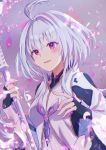  1girl absurdres ahoge bangs black_gloves blush breasts fate/grand_order fate/prototype fate_(series) fingerless_gloves gloves highres holding holding_staff lapisglanz long_hair long_sleeves looking_at_viewer medium_breasts merlin_(fate/prototype) open_mouth petals smile staff very_long_hair violet_eyes white_hair white_robe wide_sleeves 