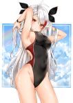  1girl :&lt; absurdres antenna_hair armpits arms_behind_head azur_lane bangs blush breasts brown_eyes competition_swimsuit eyebrows_visible_through_hair hair_between_eyes highleg highres large_breasts long_hair looking_at_viewer mole mole_on_breast multicolored_hair one-piece_swimsuit prinz_eugen_(azur_lane) redhead ribbon silver_hair solo streaked_hair swimsuit thighs two_side_up very_long_hair wet yukineko1018 