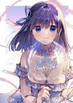  1girl bangs blue_eyes blush branch breasts closed_mouth clouds dated dress ear_piercing eyebrows_visible_through_hair frilled_dress frills geshumaro hair_ribbon happy_birthday highres holding jewelry large_breasts medium_hair original piercing purple_dress purple_hair ribbon signature solo strapless strapless_dress upper_body 