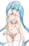  1girl ahoge aqua_eyes aqua_hair atto_illust bikini breasts hair_between_eyes hatsune_miku highres long_hair looking_at_viewer medium_breasts navel open_mouth simple_background solo striped striped_bikini swimsuit thigh-highs twintails very_long_hair vocaloid white_background white_legwear 