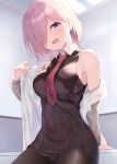  1girl bangs black_dress black_legwear blush breasts dress fate/grand_order fate_(series) fine_fabric_emphasis hair_over_one_eye highres jacket large_breasts light_purple_hair looking_at_viewer maosame mash_kyrielight necktie open_mouth pantyhose short_hair smile violet_eyes 