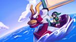 1girl black_hair blue_eyes boat cosmikaizer cosplay crossover highres hololive link looking_to_the_side ocean oozora_subaru sheath sheathed shield solo sword the_legend_of_zelda the_legend_of_zelda:_the_wind_waker toon_link toon_link_(cosplay) water watercraft weapon 