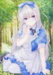  1girl alice_in_wonderland apron blue_dress blue_eyes blush breasts colored_pencil_(medium) darkkanan dress eyes_visible_through_hair graphite_(medium) highres large_breasts lolita_fashion long_hair original outdoors pantyhose pinafore_dress shoes sitting solo traditional_media watercolor_(medium) white_hair white_legwear 