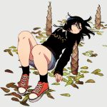  1girl black_hair black_legwear black_sweater blue_eyes blue_shorts bright_pupils closed_mouth cross-laced_footwear hair_spread_out ka_(marukogedago) long_hair long_sleeves lying on_back original red_footwear shoes shorts socks solo sweater white_pupils 