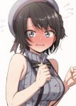  1girl black_hair blue_eyes blush breasts brown_hair commentary_request eyebrows_visible_through_hair flustered hat highres hololive looking_at_viewer mamerakkkkko oozora_subaru open_mouth shirt short_hair solo striped suspenders virtual_youtuber 