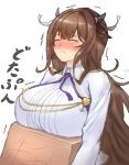  1girl absurdres animal_ears azur_lane bangs blunt_bangs blush box breast_rest breasts carrying closed_eyes closed_mouth collared_shirt commentary_request cow_ears cow_horns cropped_jacket eyebrows_visible_through_hair hair_between_eyes hair_intakes hair_ornament hair_ribbon heavy hige_shinshi_(a-c-0880) highres holding holding_box horns huge_breasts inconvenient_breasts jacket kashino_(azur_lane) long_hair long_sleeves neck_ribbon nose_blush open_clothes open_jacket purple_neckwear ribbon shirt sidelocks simple_background solo standing translation_request trembling upper_body white_background white_jacket white_ribbon white_shirt 