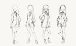  1girl bangs bow cardigan character_sheet closed_mouth full_body gridman_universe hand_on_hip highres long_hair looking_at_viewer monochrome school_uniform scrunchie sketch skirt smile solo ssss.gridman standing takarada_rikka unfinished wrist_scrunchie yoshi_(moco1) 