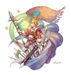 1boy armor axe blonde_hair cape closed_mouth commentary_request flag gustave_xiii hashibi_rokou male_focus messy_hair polearm saga saga_frontier_2 solo spear standing sword weapon 