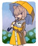  1girl absurdres alpaca_ears alpaca_girl alpaca_suri_(kemono_friends) alpaca_tail alternate_costume animal_ears blue_eyes blush cowboy_shot eyebrows_visible_through_hair flower hair_over_one_eye hair_tubes highres hood hood_down hydrangea ichi001 japari_symbol kemono_friends kemono_friends_3 long_sleeves rain raincoat short_hair solo tail umbrella white_hair yellow_raincoat yellow_umbrella 