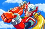  1boy android blonde_hair clenched_teeth clouds commentary_request day helmet holding kin-san_(sasuraiga) long_hair male_focus motion_blur outdoors rockman rockman_zero sky solo sword teeth upper_body weapon weapon_on_back zero_(rockman) 
