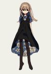  1girl black_dress black_eyes blue_shirt braid brown_hair closed_mouth collared_shirt dress floral_print ka_(marukogedago) long_hair looking_to_the_side original pantyhose shirt short_sleeves simple_background solo two-sided_dress two-sided_fabric white_background 