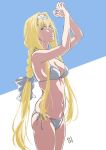  1girl alice_zuberg artist_logo bikini blonde_hair blue_background blue_eyes braid breasts collarbone commentary_request cowboy_shot hairband highres long_hair looking_at_viewer medium_breasts navel side-tie_bikini simple_background single_braid solo standing swimsuit sword_art_online sword_art_online:_alicization tokuoka_kouhei two-tone_background very_long_hair white_bikini white_hairband 