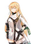  1girl absurdres black_gloves black_legwear blonde_hair closed_eyes closed_mouth english_text girls_frontline gloves green_ribbon hair_ribbon hands_on_hips highres huge_filesize long_hair muteppona_hito ribbon russian_flag scarf smile solo standing sv-98_(girls_frontline) thigh-highs uniform white_background white_scarf 