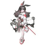  1girl :p animal_ears april_(arknights) arknights arrow_(projectile) bangs bare_legs black_gloves black_hair bow_(weapon) compound_bow crossed_legs dress fingerless_gloves full_body gloves hair_between_eyes holding holding_bow_(weapon) holding_weapon long_hair long_sleeves looking_at_viewer official_art quiver rabbit_ears reoen shoes short_dress single_glove smile sneakers socks solo standing tongue tongue_out transparent_background violet_eyes watson_cross weapon white_dress white_footwear white_legwear 