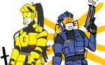 2others :3 :d armor black_bodysuit blonde_hair blue_hair blue_theme bodysuit english_commentary expressionless flat_color glowing glowing_wings gun hair_slicked_back handgun head_mounted_display high_ponytail holding holding_gun holding_weapon insignia long_hair mecha_danshi mechanical_wings mspaint multicolored_hair multiple_others onewholeunit open_mouth orange_wings personification pistol ponytail sidelocks smile streaked_hair sword swordsmachine_(ultrakill) trigger_discipline turtleneck two-tone_hair ultrakill v1_(ultrakill) vest visor weapon white_background wings yellow_theme
