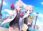  2girls ;d a.a_(aa772) animal animal_ears azur_lane bag baguette bangs bird black_dress black_gloves black_jacket blue_eyes blue_sky bread closed_mouth clouds commentary_request day denver_(azur_lane) dress eyebrows_visible_through_hair food gloves grey_hair grocery_bag hair_between_eyes hair_ornament hairclip holding jacket lamp low_twintails map montpelier_(azur_lane) multiple_girls one_eye_closed open_clothes open_jacket open_mouth outdoors outstretched_arm paper_bag pointing red_eyes red_gloves river shopping_bag short_sleeves short_twintails sky smile sweat twintails v-shaped_eyebrows water white_jacket 