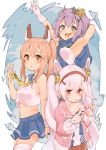 3girls :d anchor_symbol animal_ears armpits ayanami_(azur_lane) azur_lane bandaid bandaid_on_arm bare_shoulders blue_hoodie blue_sailor_collar blue_skirt breasts brown_eyes commentary_request crop_top crown fake_animal_ears gloves green_eyes hair_ornament hairclip hairpin headgear jacket javelin_(azur_lane) laffey_(azur_lane) light_brown_hair long_hair looking_at_viewer mashiro_kta midriff mini_crown multiple_girls navel open_mouth parted_lips pink_hair pleated_skirt ponytail purple_hair rabbit_ears red_eyes red_skirt revision sailor_collar school_uniform serafuku skirt small_breasts smile thigh-highs twintails v white_gloves yellow_neckwear zettai_ryouiki 