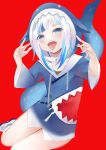  1girl absurdres bangs bare_legs blue_eyes blue_hair blue_hoodie breasts collarbone commentary_request gawr_gura highres hololive hololive_english hood hoodie looking_at_viewer multicolored_hair open_mouth red_background shark_girl shark_hood shark_tail sharp_teeth shoes sidelocks simple_background sitting small_breasts sneakers solo streaked_hair tail teeth thighs tongue tongue_out uvula virtual_youtuber white_hair yokozuwari zeppeki_shoujo 