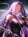  1girl 6688km angry arm_at_side bare_shoulders black_dress breasts chain choker closed_mouth detached_sleeves dress facial_mark fate/stay_night fate_(series) forehead_mark from_below frown glint glowing glowing_eyes holding holding_weapon large_breasts light_particles lips long_hair looking_at_viewer medusa_(fate)_(all) nameless_dagger purple_hair rider solo strapless strapless_dress tube_dress type-moon ufotable upper_body violet_eyes weapon 