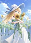  1girl aqua_eyes bangs bare_arms bare_shoulders blonde_hair blue_ribbon blue_sky blunt_bangs clouds day dress eyebrows_visible_through_hair feet_out_of_frame fence flower gohei_(aoi_yuugure) hat hat_ribbon highres holding holding_flower leaf long_hair looking_at_viewer off-shoulder_dress off_shoulder original outdoors ribbon sky solo standing sun_hat sunflower sunflower_petals white_dress white_headwear wristband 