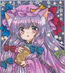  1girl :o animal_ear_fluff animal_ears blue_ribbon blush book cat_ears crescent crescent_hat_ornament dress eyebrows_visible_through_hair hat hat_ornament hat_ribbon holding holding_book long_hair long_sleeves looking_at_viewer marker_(medium) mob_cap open_mouth patchouli_knowledge pink_dress pink_headwear red_ribbon ribbon ribbon-trimmed_sleeves ribbon_trim rui_(sugar3) sample solo star_(symbol) striped striped_dress touhou traditional_media vertical_stripes violet_eyes wide_sleeves 