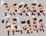  1girl abs action attack back bangs black_hair black_legwear black_shorts blue_eyes covered_mouth drawstring facing_away flat_chest from_side full_body gesogeso grey_background halterneck holding holding_sword holding_weapon kneehighs leaning_to_the_side midriff motion_blur multiple_views muscle muscular_female navel ninja original outstretched_arms ponytail profile reverse_grip sequential shorts simple_background squatting standing sword weapon wristband 