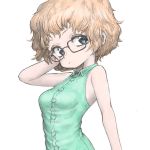  1girl bare_arms black_eyes blonde_hair breasts buttons collared_shirt expressionless glasses gobori green_shirt hand_behind_head looking_at_viewer medium_breasts original shirt short_hair simple_background sleeveless sleeveless_shirt solo upper_body white_background 