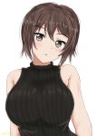  1girl :o bangs black_shirt brown_eyes brown_hair casual commentary cowboy_shot eyebrows_visible_through_hair fuyunoyukino girls_und_panzer head_tilt highres long_hair looking_at_viewer nishizumi_maho parted_lips ribbed_shirt shirt short_hair simple_background sleeveless sleeveless_shirt twitter_username white_background 