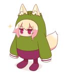  1girl animal_ear_fluff animal_ears bangs blonde_hair blush eyebrows_visible_through_hair fall_guys fox_ears fox_girl fox_tail full_body green_shirt hair_between_eyes highres kemomimi-chan_(naga_u) long_hair long_sleeves naga_u original pants purple_footwear purple_pants shirt sidelocks sleeves_past_fingers sleeves_past_wrists solo sparkle standing tail violet_eyes white_background 