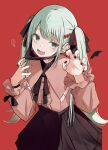  1girl absurdres fangs hair_ornament hatsune_miku heart highres jewelry long_hair long_sleeves looking_at_viewer mask mask_pull mouth_mask okome_(okome_0627ha) open_mouth ribbon shirt simple_background skirt smile solo twintails vampire_(vocaloid) 