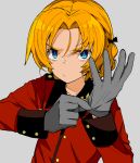  1girl adjusting_clothes adjusting_gloves aokaze_(mimi_no_uchi) bangs blonde_hair blue_eyes girls_und_panzer gloves grey_gloves hair_between_eyes hair_ribbon jacket long_sleeves military military_uniform orange_pekoe_(girls_und_panzer) red_jacket ribbon short_hair simple_background solo st._gloriana&#039;s_military_uniform uniform upper_body 