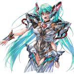  1girl absurdres blue_hair breasts covered_navel floating_hair hatsune_miku highres long_hair looking_at_viewer mecha_musume medium_breasts open_mouth paintedmike red_eyes solo twintails vocaloid white_background 