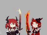  2girls absurdres arknights bangs blood cartoonized crossover flaming_sword flaming_weapon flower hat highres honkai_(series) honkai_impact_3rd horns hwite looking_at_another multiple_girls murata_himeko murata_himeko_(blood_rose) redhead rose surtr_(arknights) top_hat torn_clothes trait_connection underwear violet_eyes yellow_eyes 
