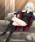  1girl absurdres ahoge bangs black_dress black_footwear blue_coat boots coat dress fate/grand_order fate_(series) full-length_zipper fur-trimmed_coat fur-trimmed_sleeves fur_trim high_heel_boots high_heels highres jeanne_d&#039;arc_(alter)_(fate) jeanne_d&#039;arc_(fate)_(all) jewelry knee_boots necklace open_clothes open_coat rinto_(ronto66) short_dress short_hair silver_hair solo wicked_dragon_witch_ver._shinjuku_1999 yellow_eyes zipper 