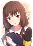  1girl :o absurdres armband black_dress blush brown_eyes brown_hair chestnut_mouth clipboard collared_dress commentary dress gradient gradient_background highres holding holding_clipboard holding_notepad iino_miko kaguya-sama_wa_kokurasetai_~tensai-tachi_no_renai_zunousen~ looking_at_viewer low_twintails notepad object_hug open_mouth red_ribbon ribbon school_uniform sekina shuuchiin_academy_uniform solo twintails upper_body 