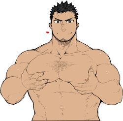  1boy bara bare_chest black_eyes black_hair chest chest_hair cropped_torso facial_hair facial_scar goatee grabbing highres looking_at_viewer male_focus muscle naop_(anything) nipples original pectoral_grab scar self_fondle shirtless short_hair solo upper_body white_background 