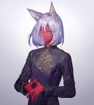  1boy animal_ears black_robe hands_together long_sleeves looking_at_viewer male_focus ohayosayonara original red_skin simple_background solo upper_body 