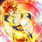  1boy aura closed_mouth dougi dragon_ball dragon_ball_super dragon_ball_super_broly energy fighting_stance highres looking_at_viewer male_focus mattari_illust muscle red_eyes redhead smile solo son_gokuu spiky_hair super_saiyan super_saiyan_god 