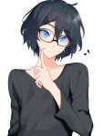  1boy absurdres bangs black-framed_eyewear black_hair black_shirt blue_eyes braid closed_mouth collarbone commentary glasses hair_between_eyes highres index_finger_raised indie_virtual_youtuber kushizaki_(vtuber) long_sleeves looking_at_viewer male_focus musical_note shirt short_hair simple_background smile solo st_(youx1119) upper_body white_background 