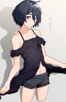  1boy absurdres ahoge bangs bare_shoulders black_dress black_hair black_shorts blue_eyes blush braid closed_mouth collarbone commentary_request cropped_legs dress frown hair_between_eyes highres indie_virtual_youtuber kushizaki_(vtuber) looking_at_viewer navel short_hair short_shorts short_sleeves shorts skirt_hold solo st_(youx1119) stomach translation_request virtual_youtuber 